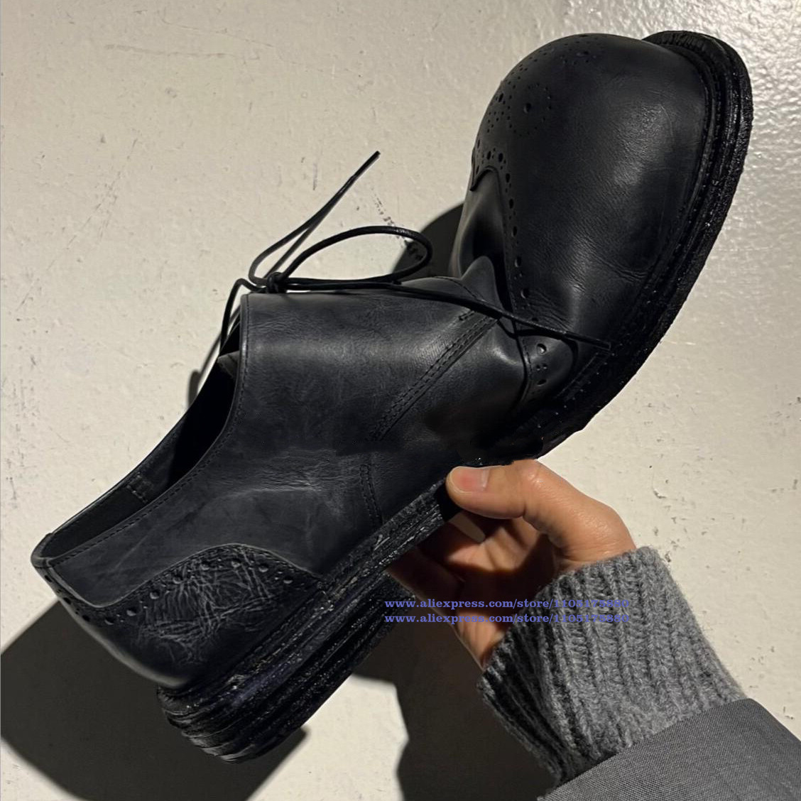 Oxford Brogue Leather - 빈티지 블랙 가죽 브로그 레이스업 옥스퍼드