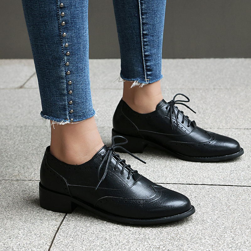 브로그 옥스퍼드 슈즈 여성 레이스업 낮은 굽 PU 가죽 - Oxford Brogue Leather 리뷰 및 가격
