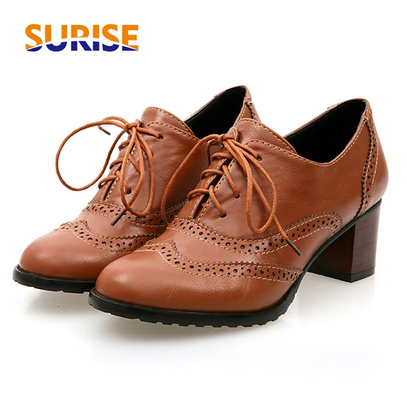 영국 여성 옥스포드 하이 블록 힐 펌프스, 갈색 가죽  - Oxford Brogue Leather 리뷰 및 가격